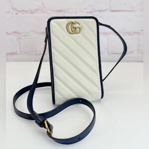 Gucci Marmont Matelasse Chevron Quilted White Navy Mini Phone Card Pouch Bag